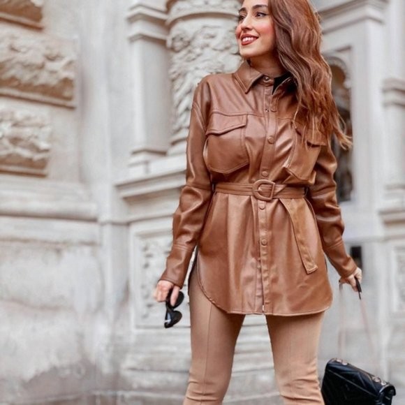 Zara Faux Leather Belted Overshirt Dress - Picture 9 of 16